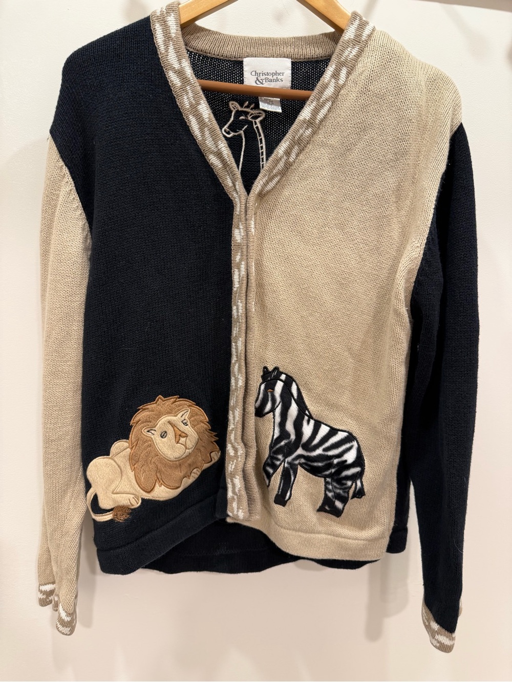 Vintage Y2K Embroidered Cardigan Safari Novelty Color Block Black/Tan Giraffe LG